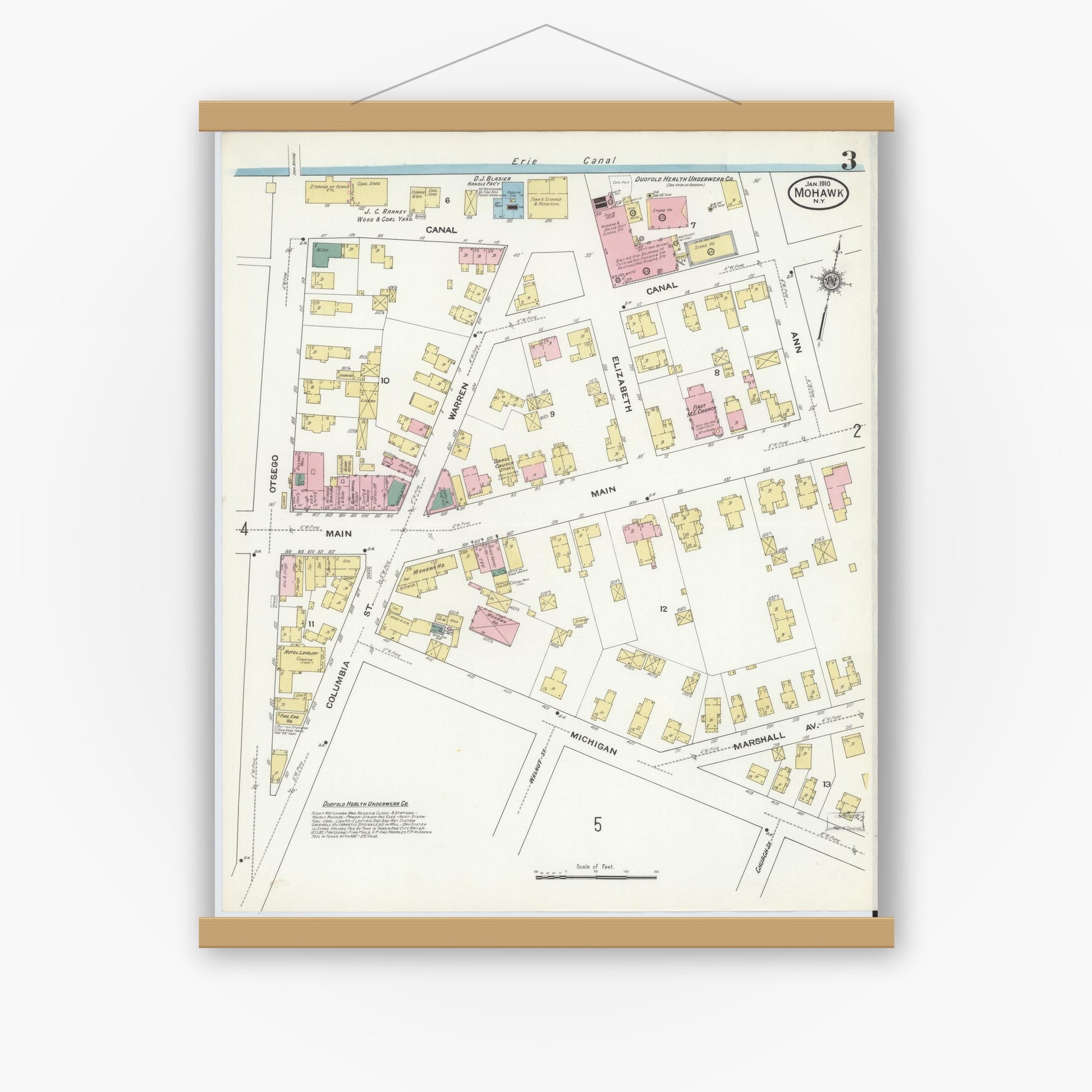 Old map wall art mockup — magnetic wood frame on white wall — Sanborn Fire Insurance Map from Mohawk, Herkimer County, New York (1910), Sheet #0003