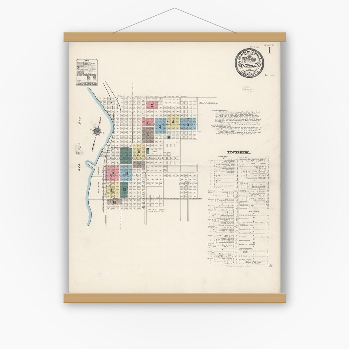 Old map wall art mockup — magnetic wood frame on white wall — Sanborn Fire Insurance Map from National City, San Diego County, California (1911), Sheet #0001