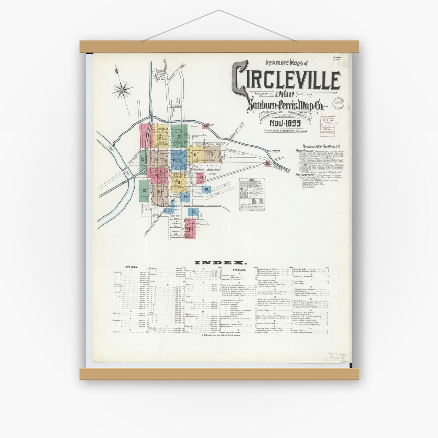 Old map wall art mockup — magnetic wood frame on white wall — Sanborn Fire Insurance Map from Circleville, Pickaway County, Ohio (1899), Sheet #0001