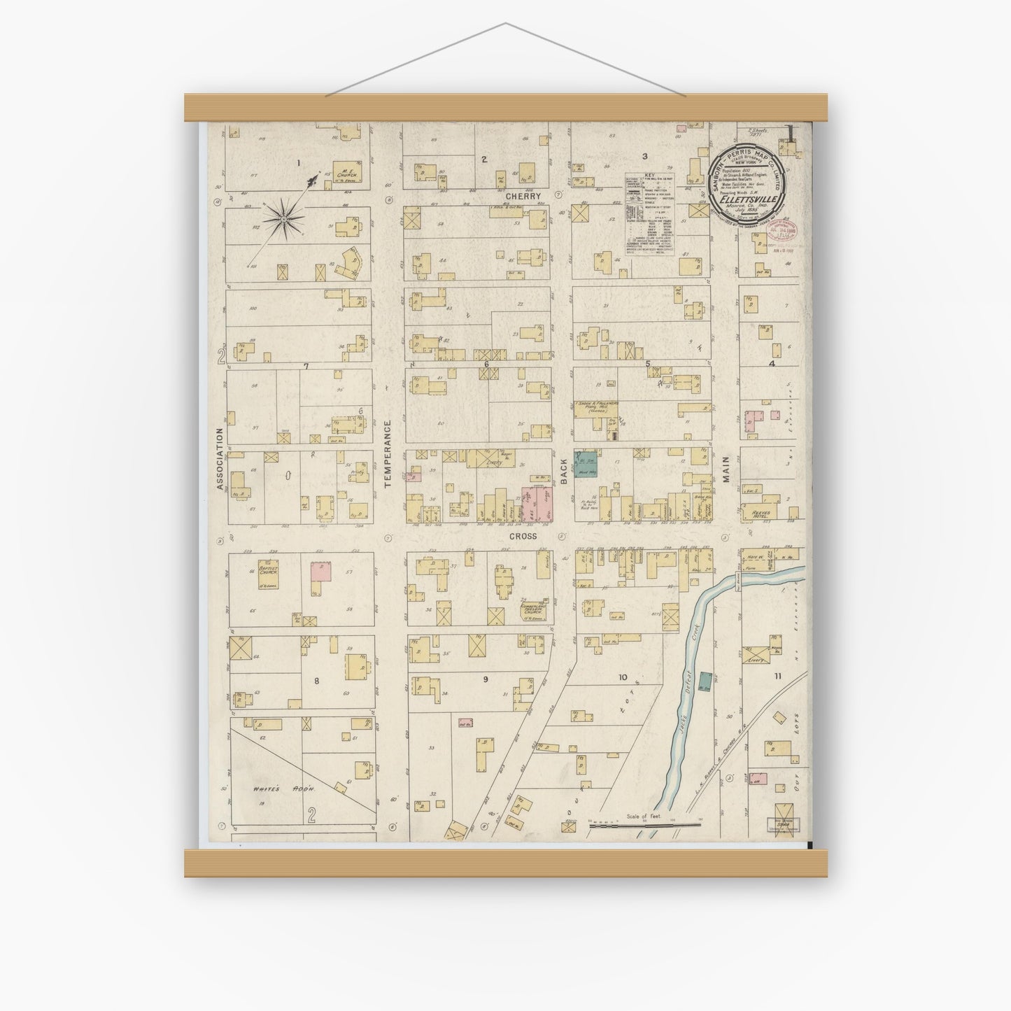 Old map wall art mockup — magnetic wood frame on white wall — Sanborn Fire Insurance Map from Ellettsville, Monroe County, Indiana (1895) - Complete Map Set