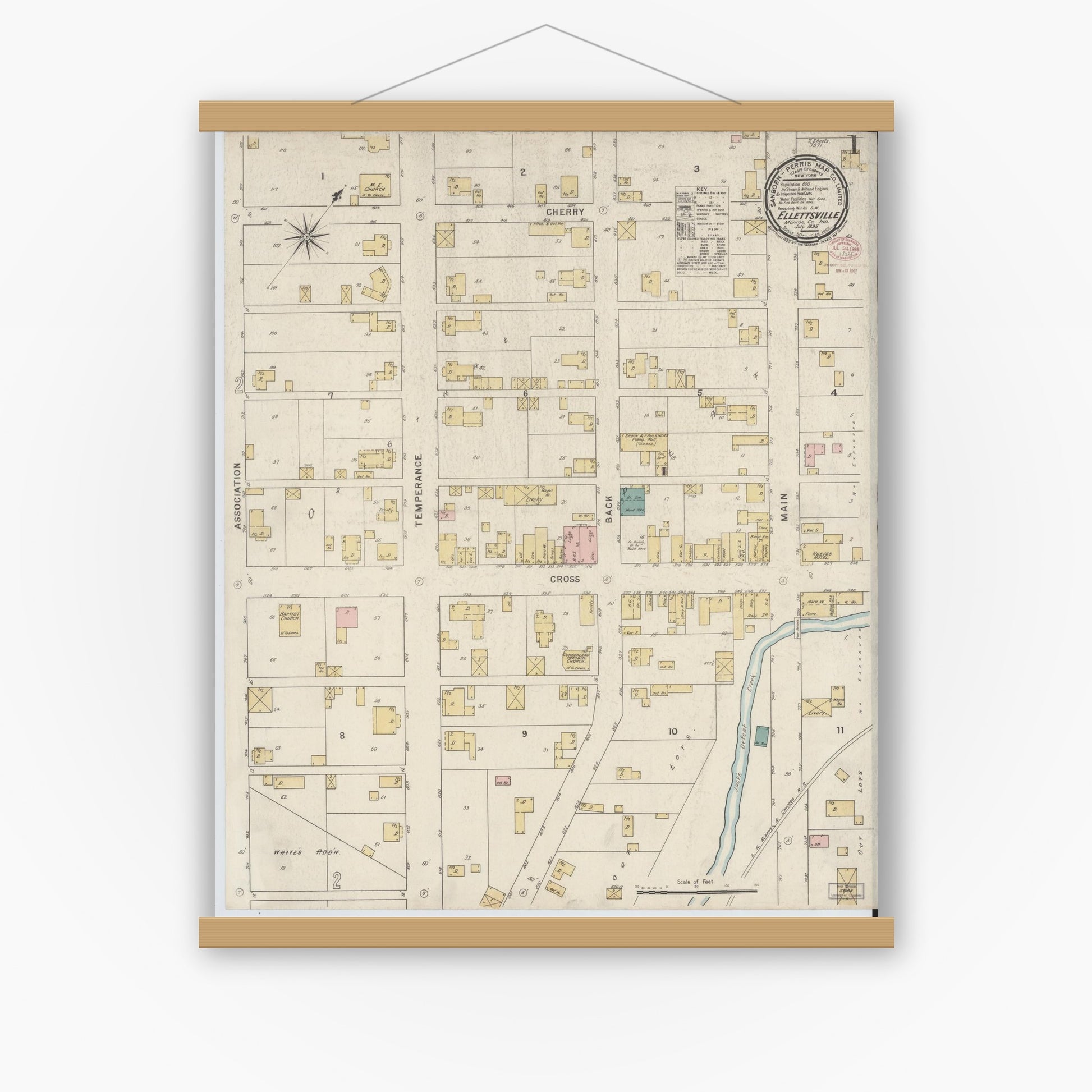 Old map wall art mockup — magnetic wood frame on white wall — Sanborn Fire Insurance Map from Ellettsville, Monroe County, Indiana (1895) - Complete Map Set