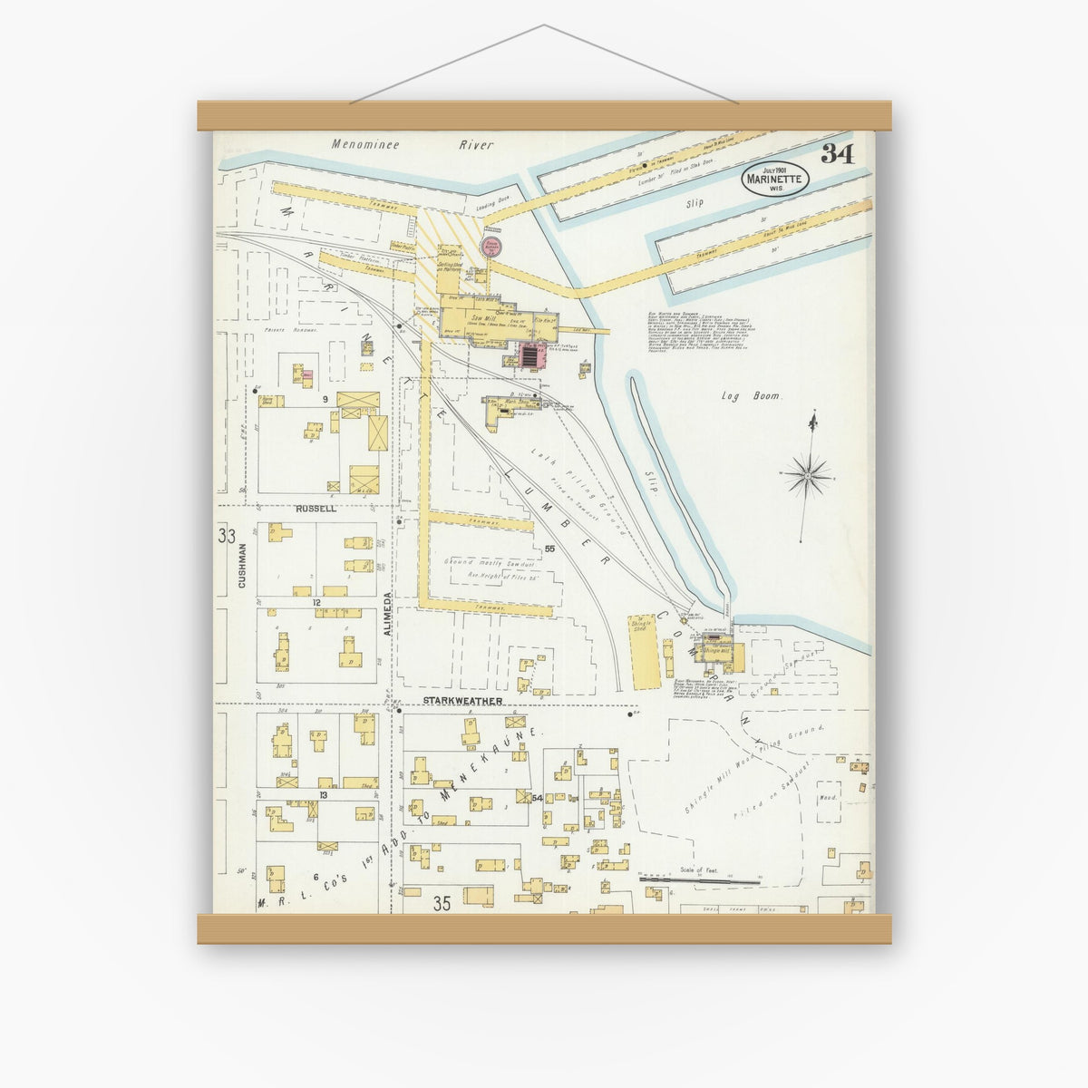 Old map wall art mockup — magnetic wood frame on white wall — Sanborn Fire Insurance Map from Marinette, Marinette County, Wisconsin (1901), Sheet #0034