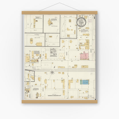 Old map wall art mockup — magnetic wood frame on white wall — Sanborn Fire Insurance Map from Shiner, Lavaca County, Texas (1906), Sheet #0001