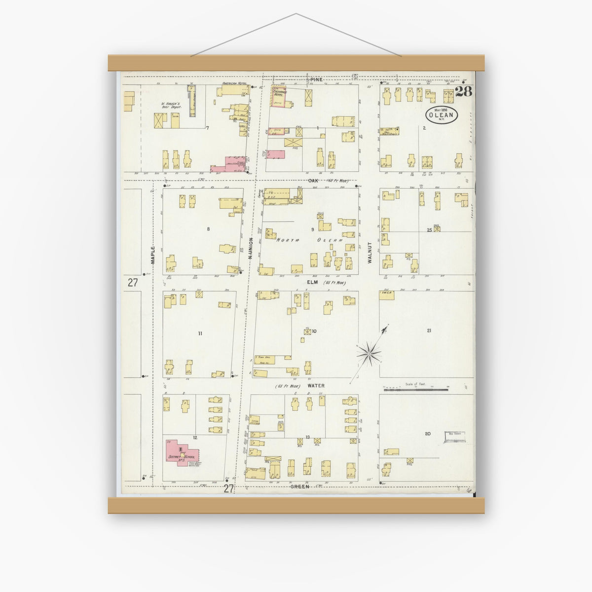 Old map wall art mockup — magnetic wood frame on white wall — Sanborn Fire Insurance Map from Olean, Cattaraugus County, New York (1898), Sheet #0028