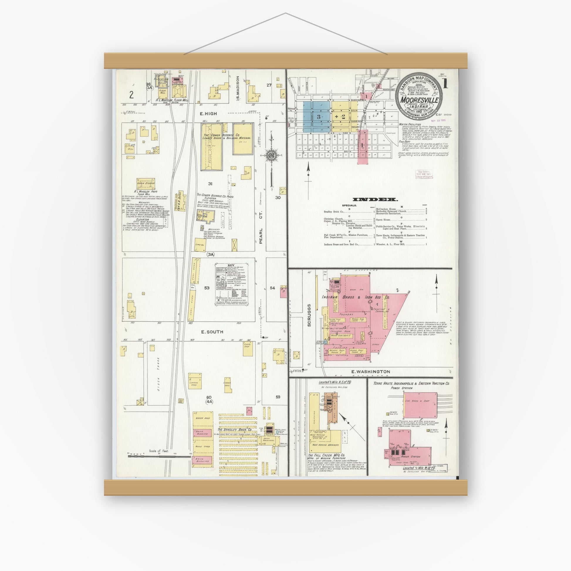 Old map wall art mockup — magnetic wood frame on white wall — Sanborn Fire Insurance Map from Mooresville, Morgan County, Indiana (1910) - Complete Map Set