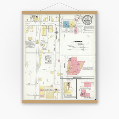 Old map wall art mockup — magnetic wood frame on white wall — Sanborn Fire Insurance Map from Mooresville, Morgan County, Indiana (1910) - Complete Map Set