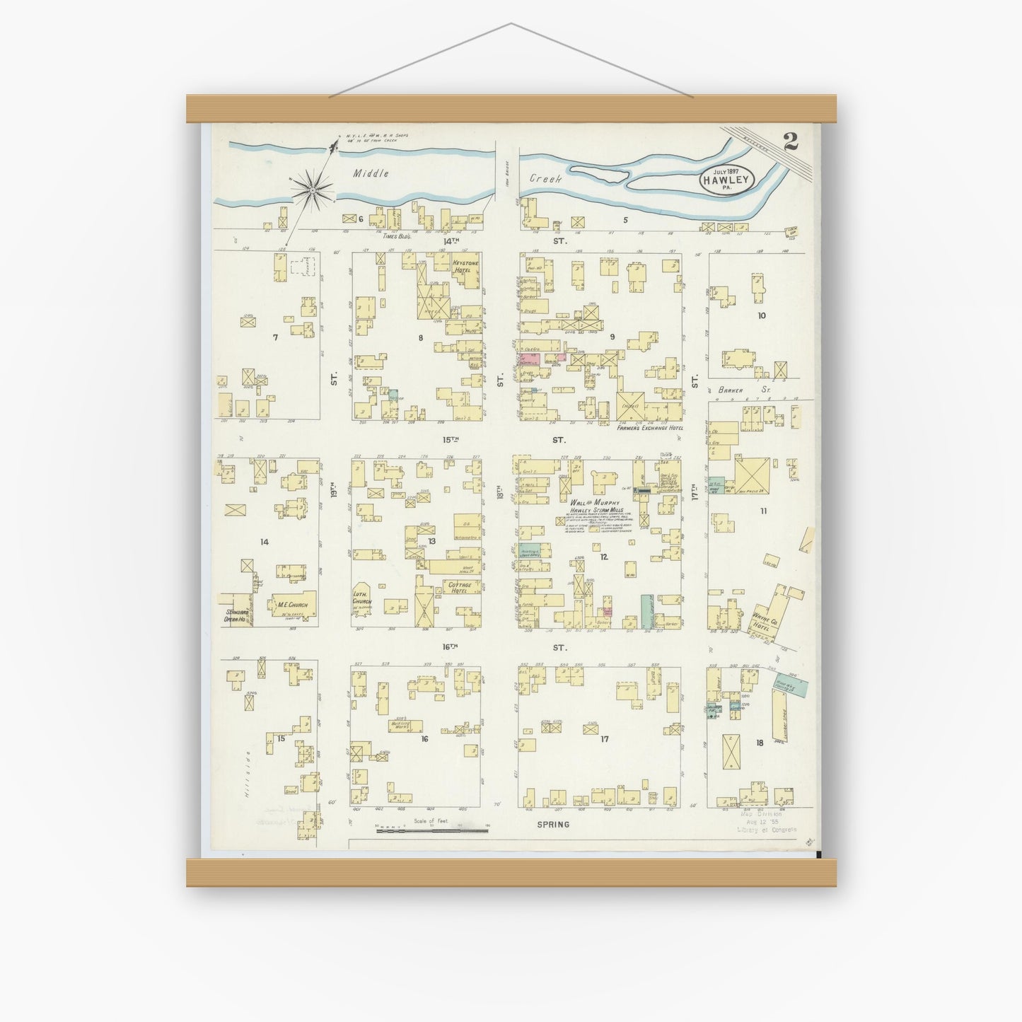 Old map wall art mockup — magnetic wood frame on white wall — Sanborn Fire Insurance Map from Hawley, Wayne County, Pennsylvania (1897), Sheet #0002