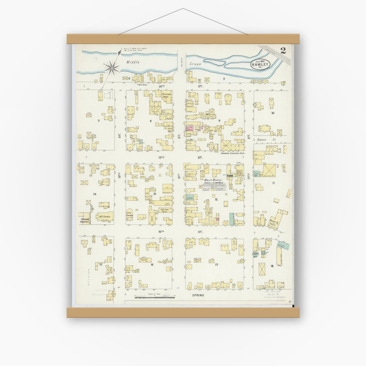 Old map wall art mockup — magnetic wood frame on white wall — Sanborn Fire Insurance Map from Hawley, Wayne County, Pennsylvania (1897), Sheet #0002