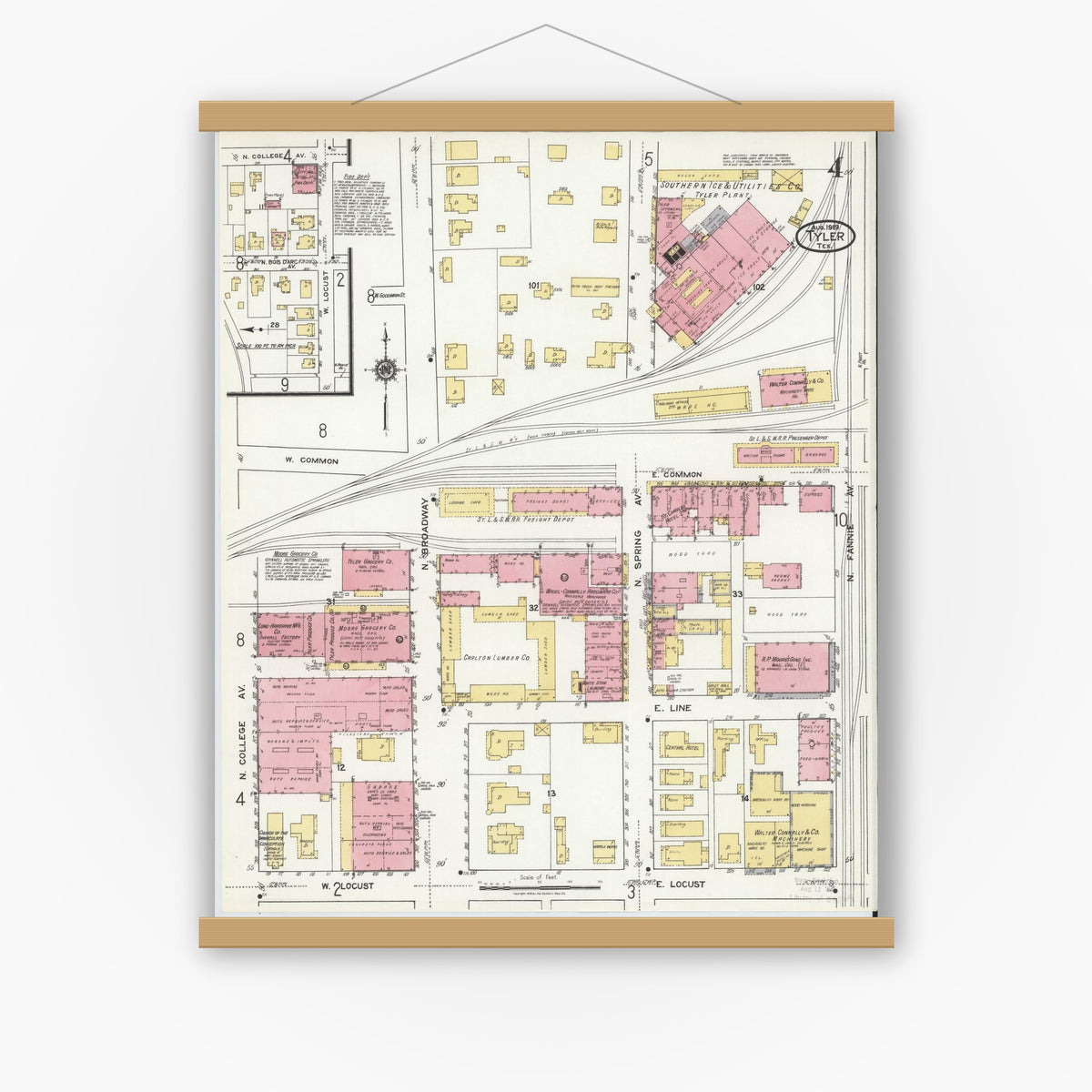 Old map wall art mockup — magnetic wood frame on white wall — Sanborn Fire Insurance Map from Tyler, Smith County, Texas (1919), Sheet #0004