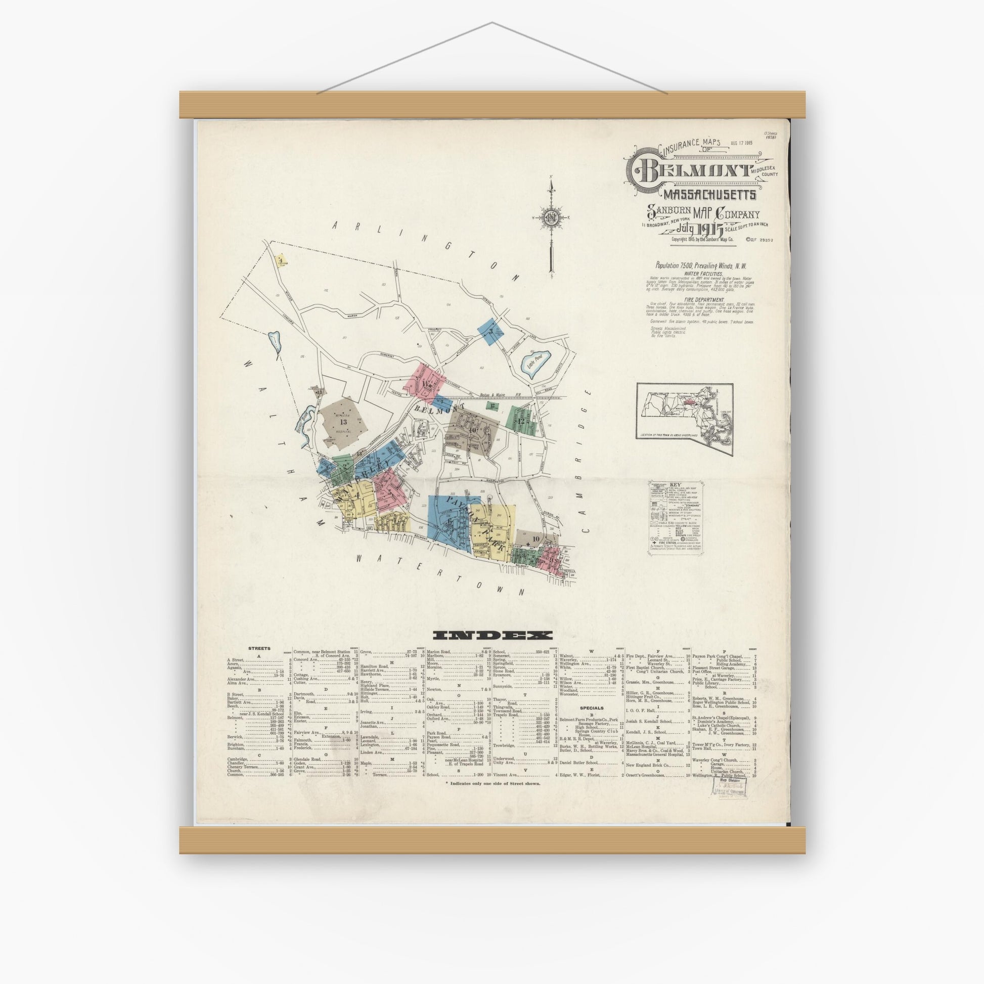 Old map wall art mockup — magnetic wood frame on white wall — Sanborn Fire Insurance Map from Belmont, Middlesex County, Massachusetts (1915) - Complete Map Set