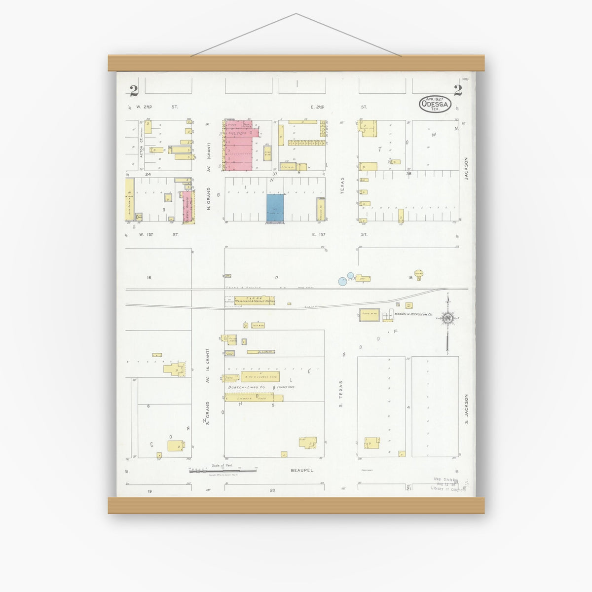 Old map wall art mockup — magnetic wood frame on white wall — Sanborn Fire Insurance Map from Odessa, Edger County, Texas (1927), Sheet #0002