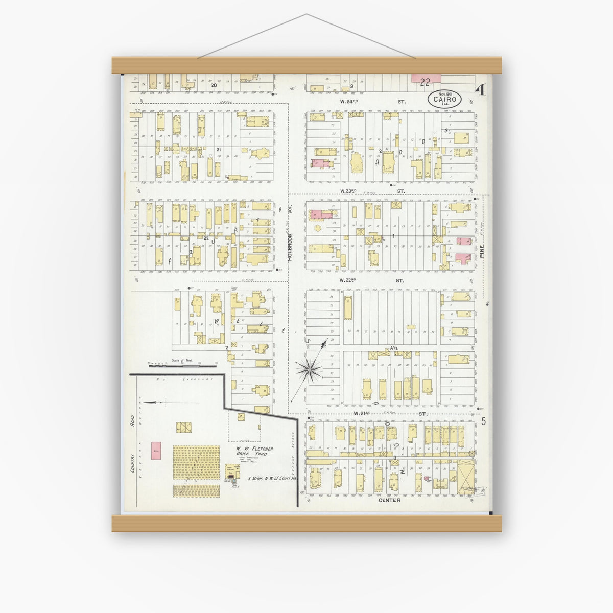 Old map wall art mockup — magnetic wood frame on white wall — Sanborn Fire Insurance Map from Cairo, Alexander County, Illinois (1901), Sheet #0004
