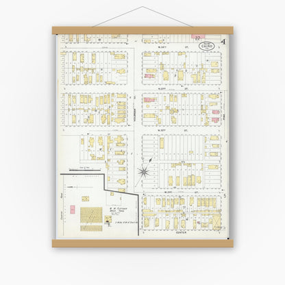 Old map wall art mockup — magnetic wood frame on white wall — Sanborn Fire Insurance Map from Cairo, Alexander County, Illinois (1901), Sheet #0004