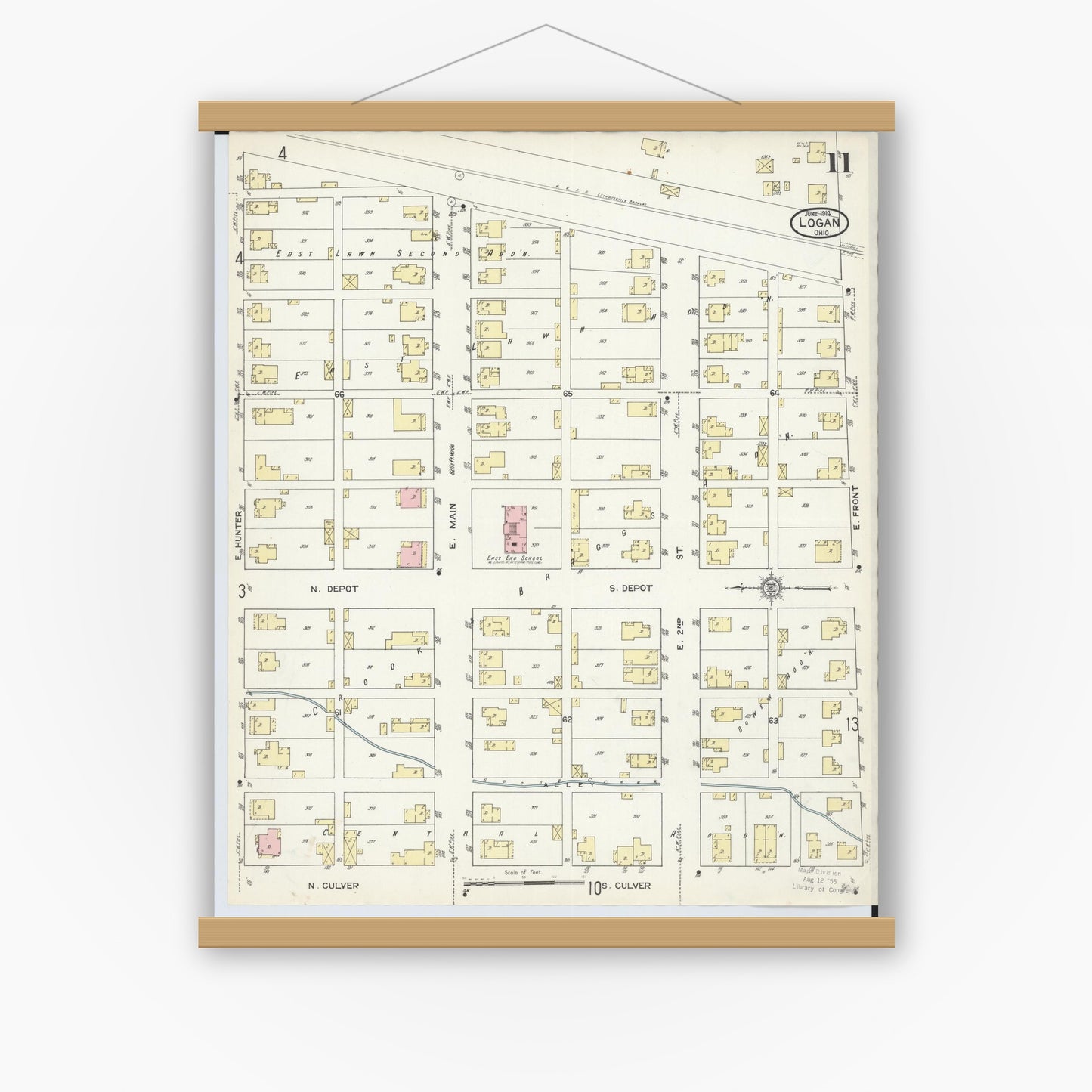 Old map wall art mockup — magnetic wood frame on white wall — Sanborn Fire Insurance Map from Logan, Hocking County, Ohio (1914), Sheet #0011