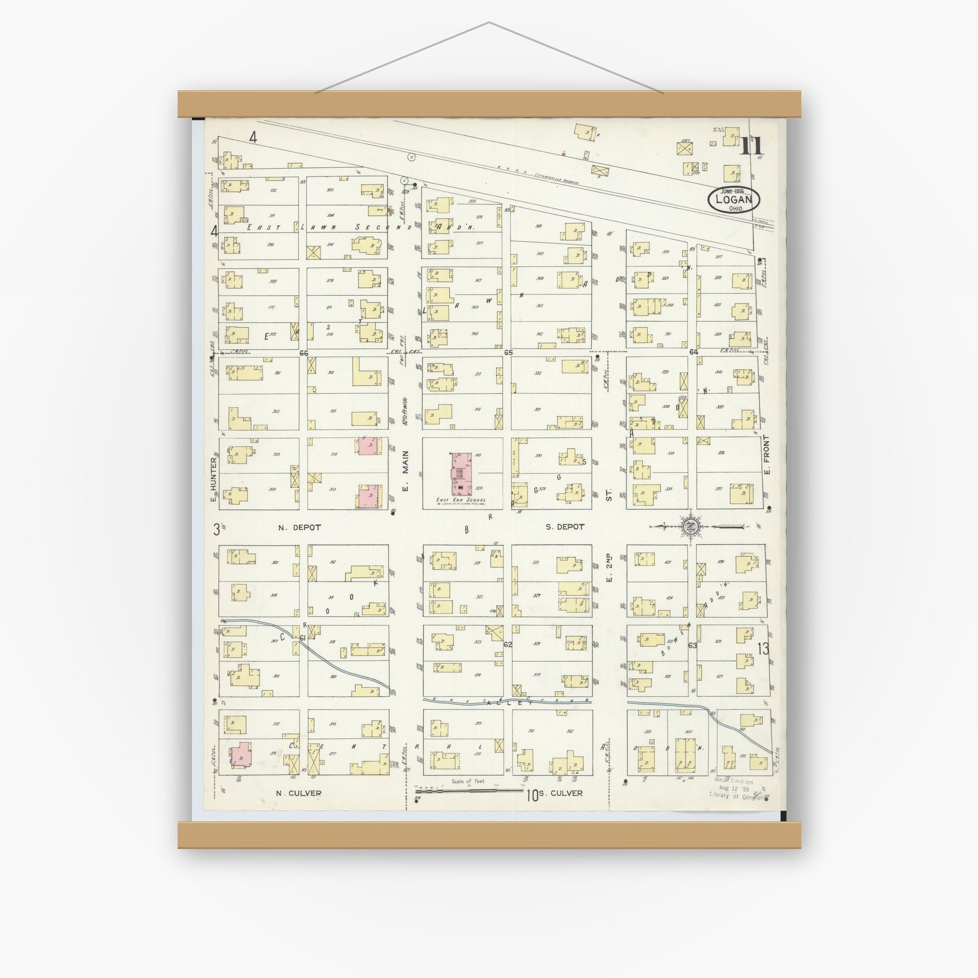 Old map wall art mockup — magnetic wood frame on white wall — Sanborn Fire Insurance Map from Logan, Hocking County, Ohio (1914), Sheet #0011