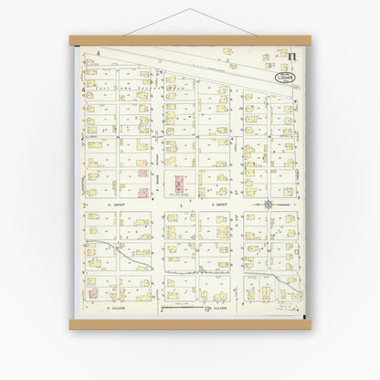 Old map wall art mockup — magnetic wood frame on white wall — Sanborn Fire Insurance Map from Logan, Hocking County, Ohio (1914), Sheet #0011