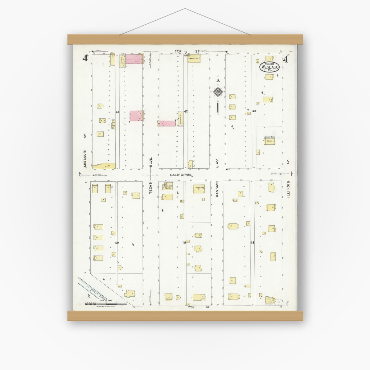 Old map wall art mockup — magnetic wood frame on white wall — Sanborn Fire Insurance Map from Weslaco, Hidalgo County, Texas (1925), Sheet #0004