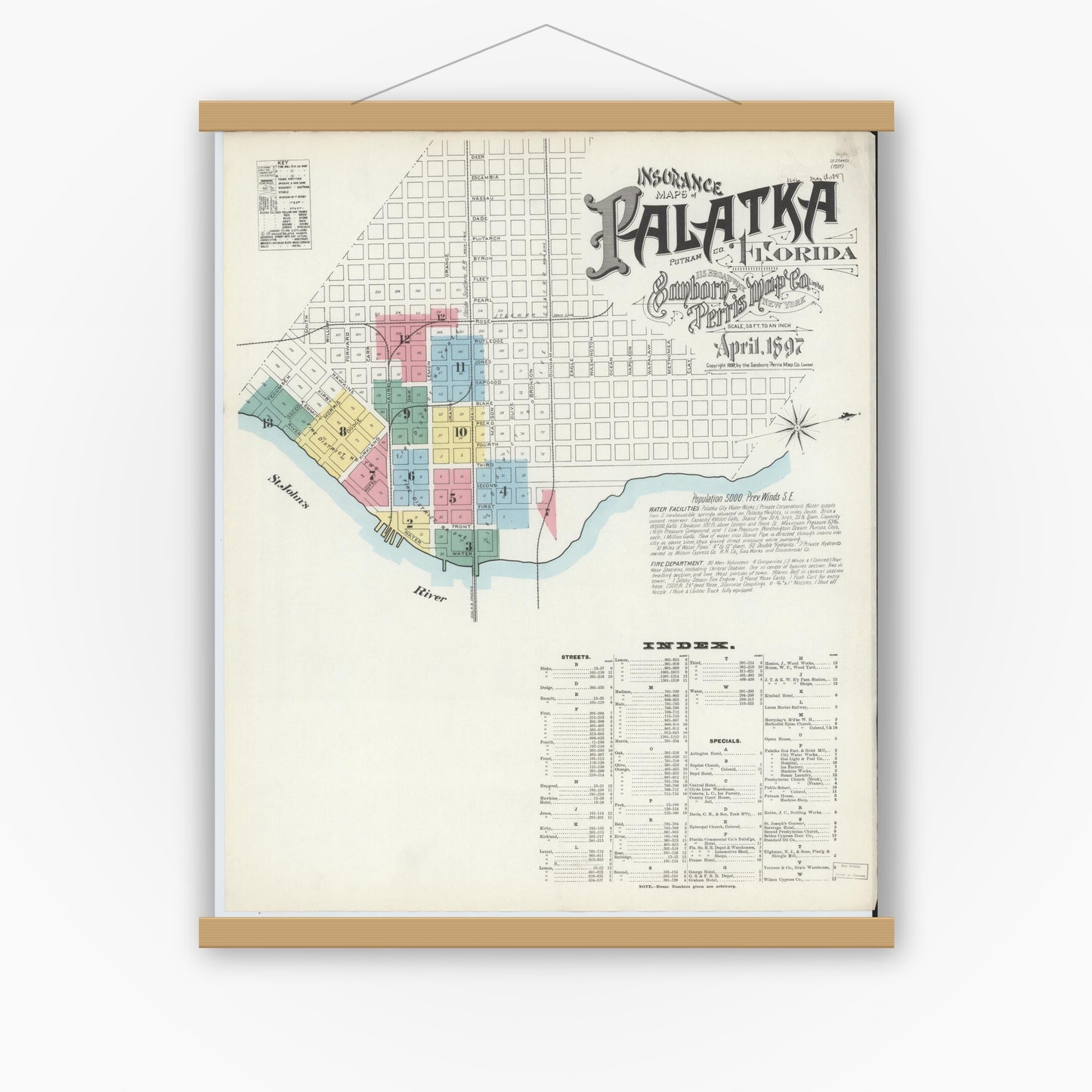Old map wall art mockup — magnetic wood frame on white wall — Sanborn Fire Insurance Map from Palatka, Putnam County, Florida (1897) - Complete Map Set
