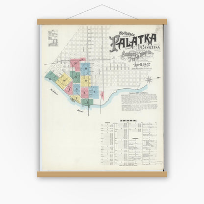 Old map wall art mockup — magnetic wood frame on white wall — Sanborn Fire Insurance Map from Palatka, Putnam County, Florida (1897) - Complete Map Set