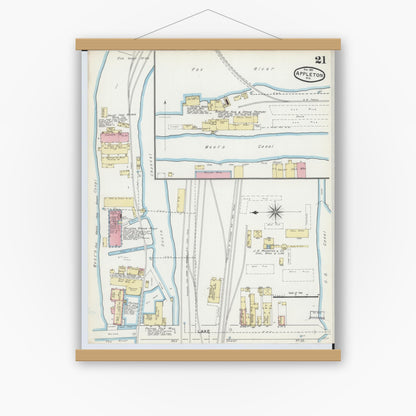 Old map wall art mockup — magnetic wood frame on white wall — Sanborn Fire Insurance Map from Appleton, Outagamie County, Wisconsin (1891), Sheet #0021