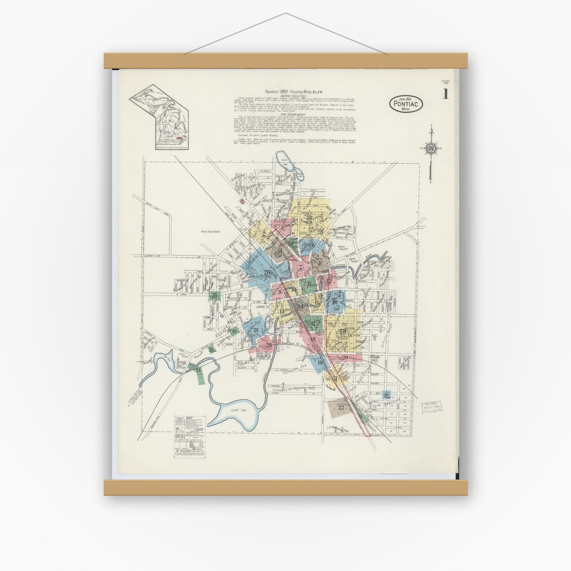 Old map wall art mockup — magnetic wood frame on white wall — Sanborn Fire Insurance Map from Pontiac, Oakland County, Michigan (1915) - Complete Map Set
