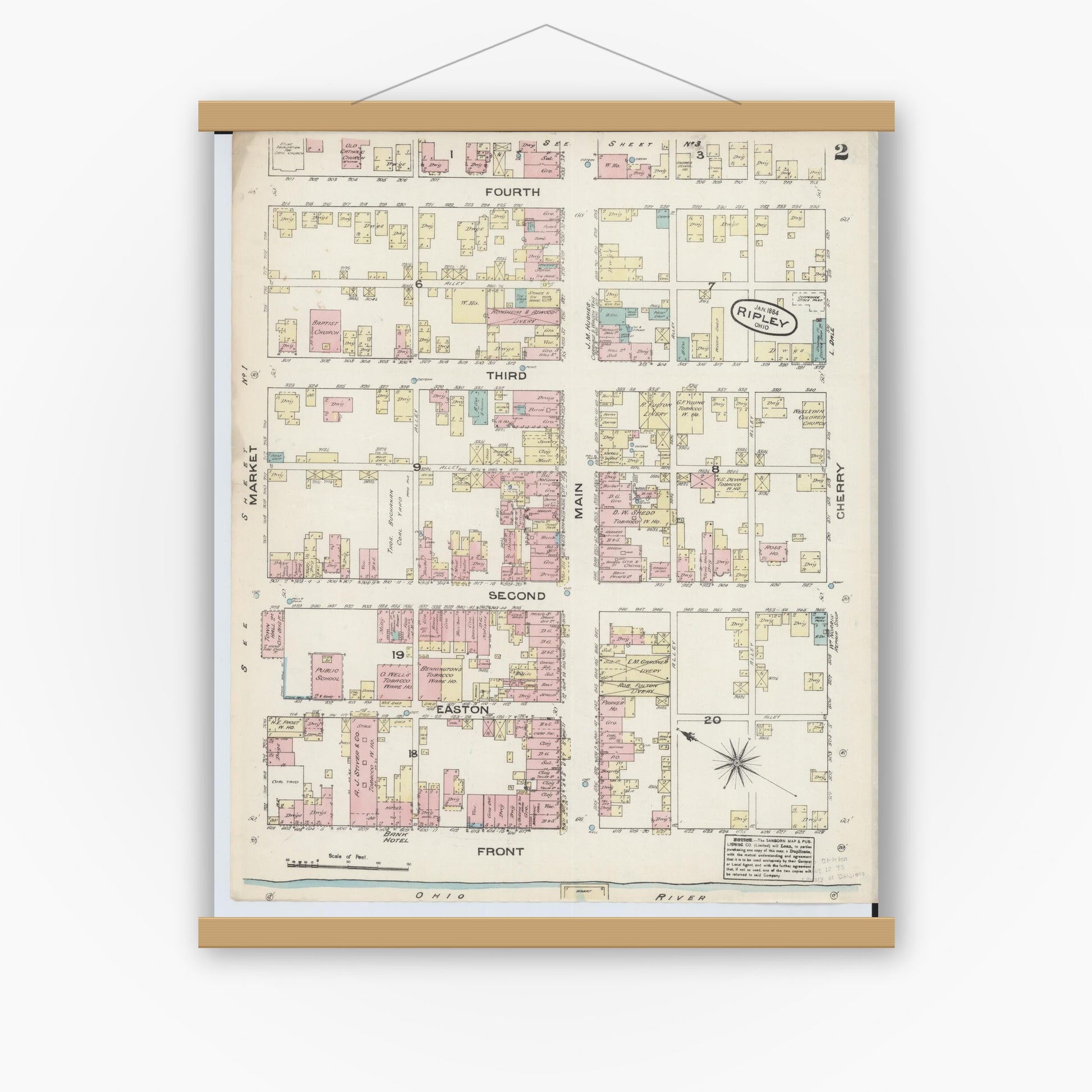 Old map wall art mockup — magnetic wood frame on white wall — Sanborn Fire Insurance Map from Ripley, Brown County, Ohio (1884), Sheet #0002