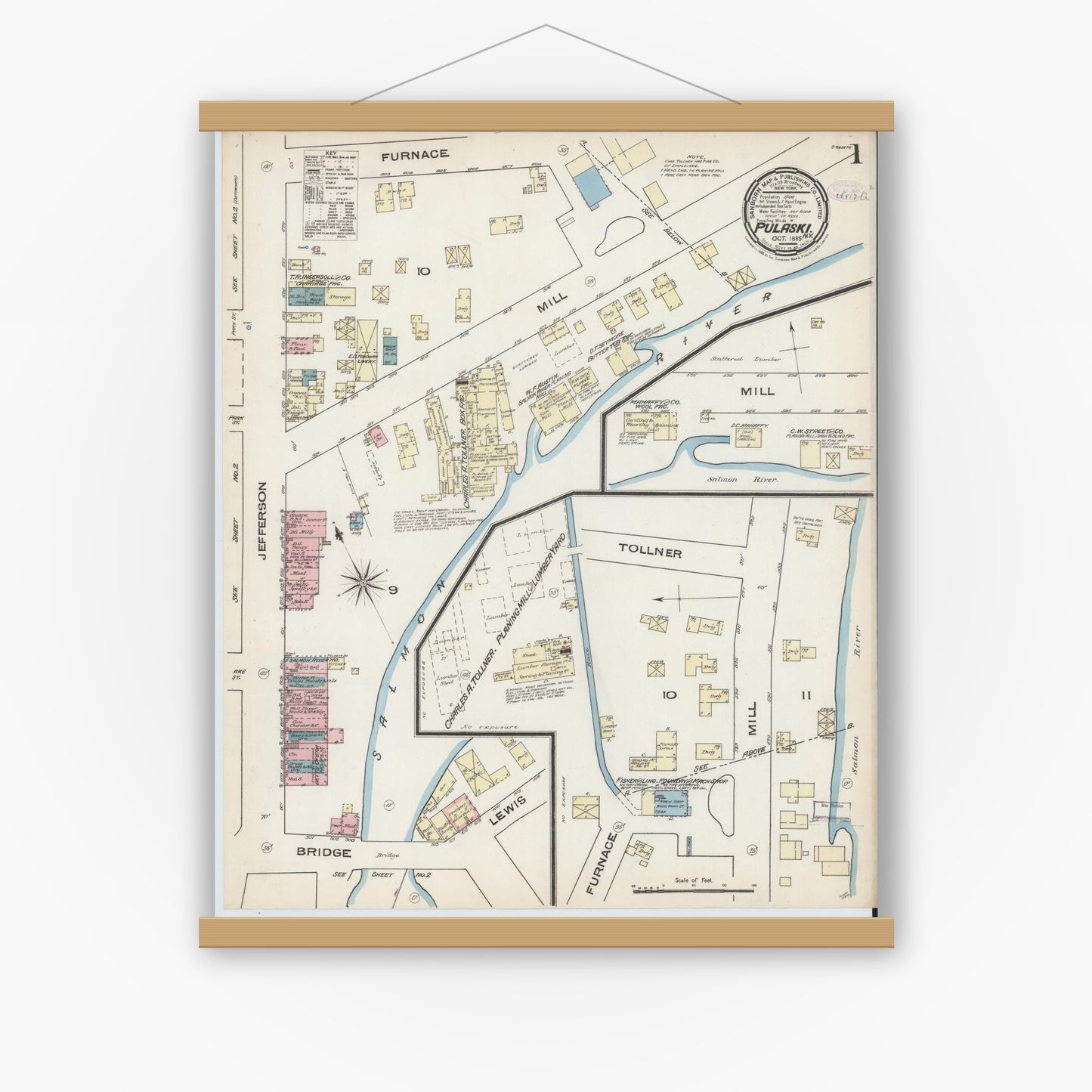 Old map wall art mockup — magnetic wood frame on white wall — Sanborn Fire Insurance Map from Pulaski, Oswego County, New York (1885) - Complete Map Set