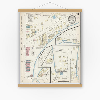 Old map wall art mockup — magnetic wood frame on white wall — Sanborn Fire Insurance Map from Pulaski, Oswego County, New York (1885) - Complete Map Set
