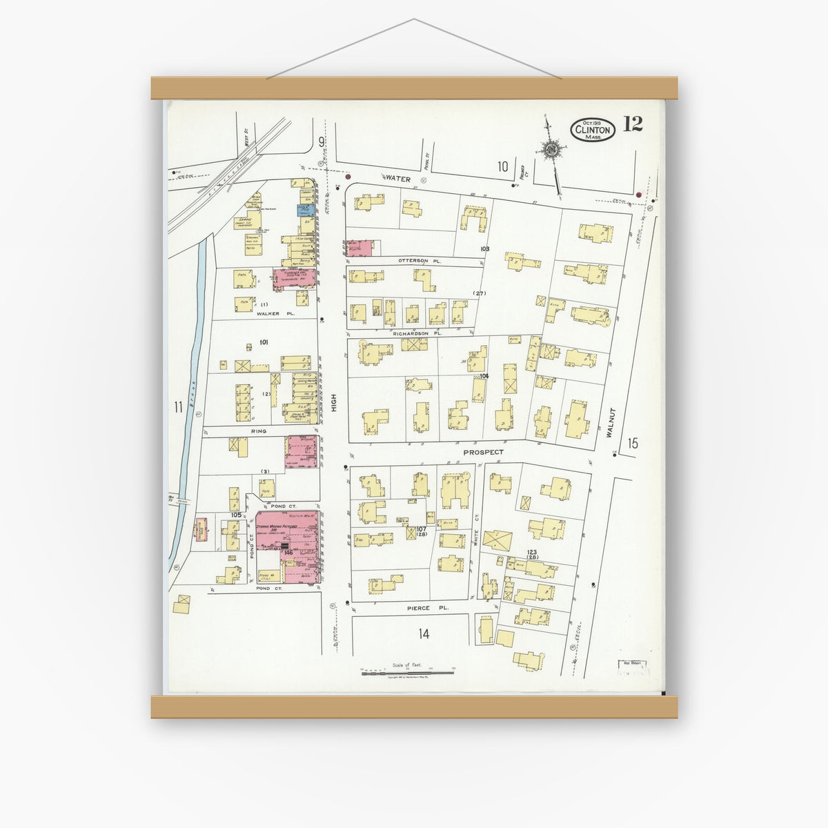 Old map wall art mockup — magnetic wood frame on white wall — Sanborn Fire Insurance Map from Clinton, Worcester County, Massachusetts (1919), Sheet #0012