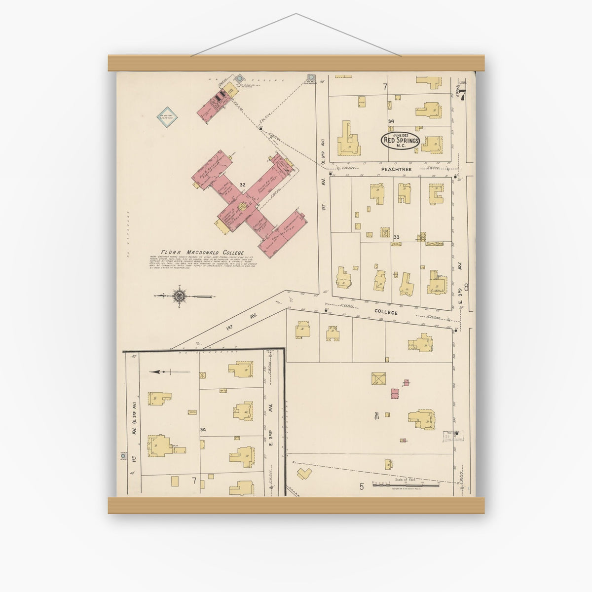 Old map wall art mockup — magnetic wood frame on white wall — Sanborn Fire Insurance Map from Red Springs, Robeson County, North Carolina (1922), Sheet #0007