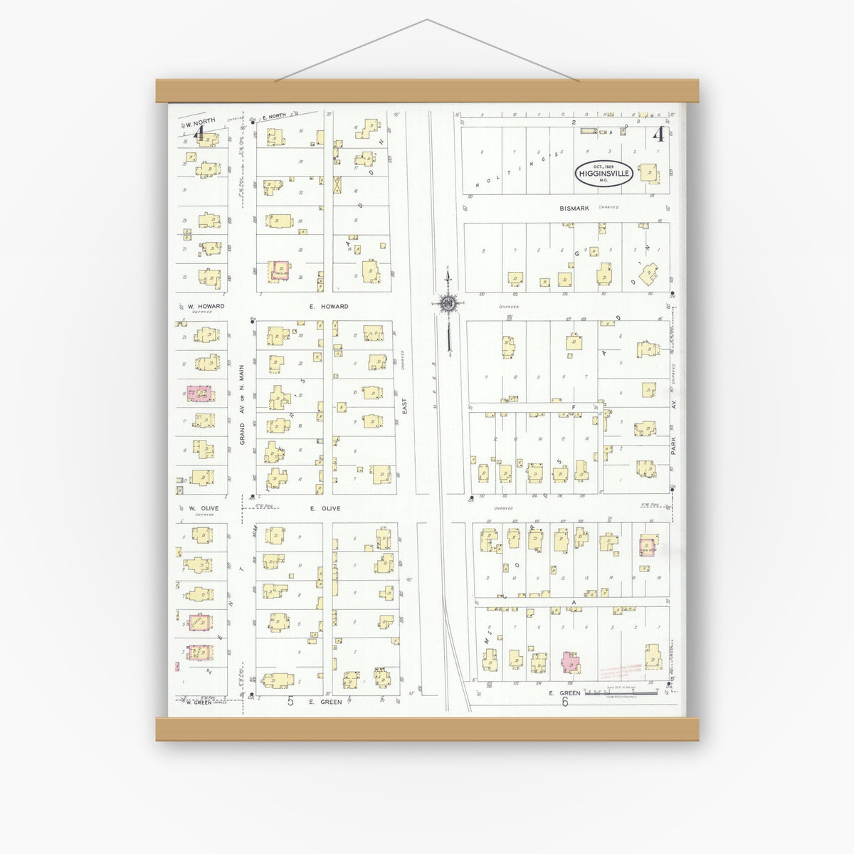 Old map wall art mockup — magnetic wood frame on white wall — Sanborn Fire Insurance Map from Higginsville, Lafayette County, Missouri (1929), Sheet #0004