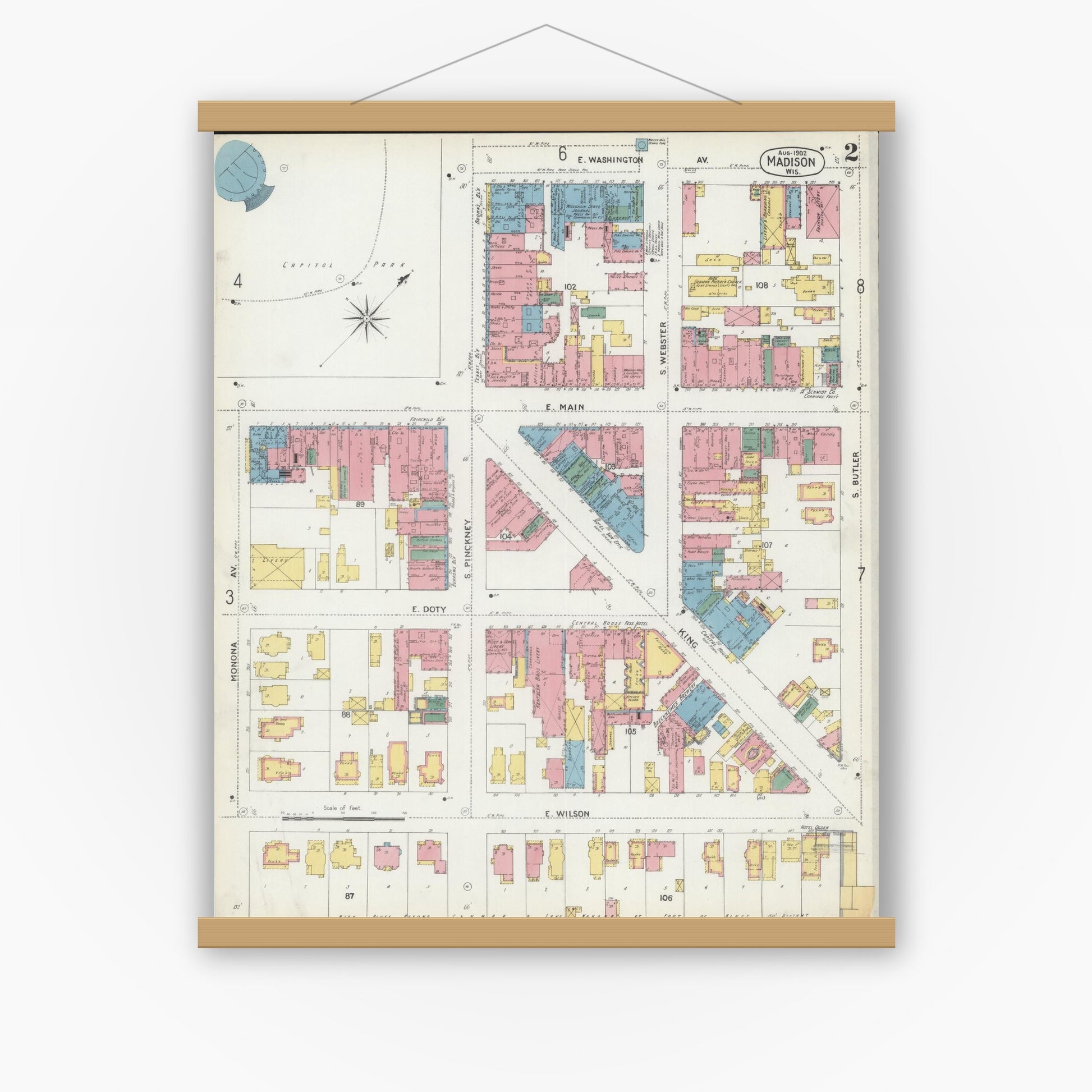 Old map wall art mockup — magnetic wood frame on white wall — Sanborn Fire Insurance Map from Madison, Dane County, Wisconsin (1902), Sheet #0002