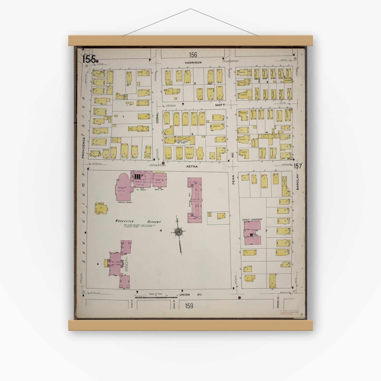Old map wall art mockup — magnetic wood frame on white wall — Sanborn Fire Insurance Map from Worcester, Worcester County, Massachusetts (1910), Sheet #0155