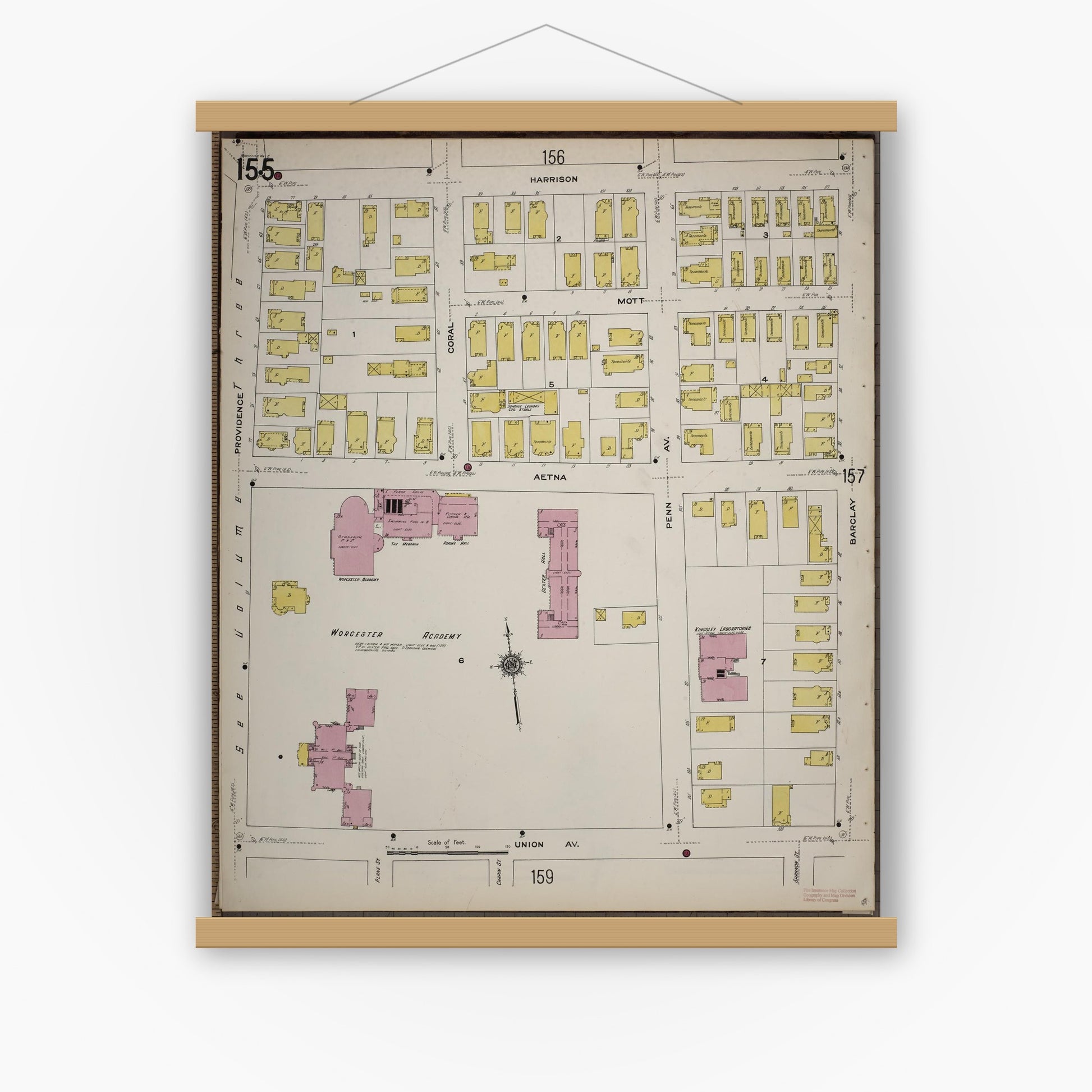 Old map wall art mockup — magnetic wood frame on white wall — Sanborn Fire Insurance Map from Worcester, Worcester County, Massachusetts (1910), Sheet #0155