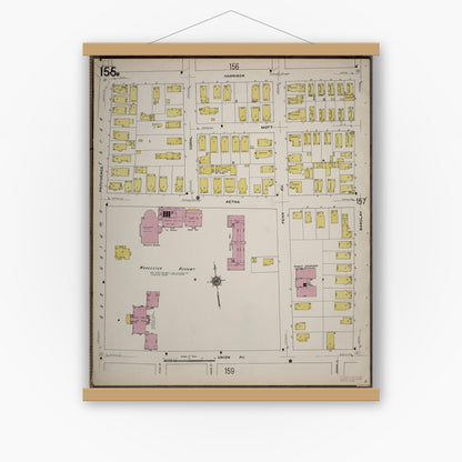 Old map wall art mockup — magnetic wood frame on white wall — Sanborn Fire Insurance Map from Worcester, Worcester County, Massachusetts (1910), Sheet #0155