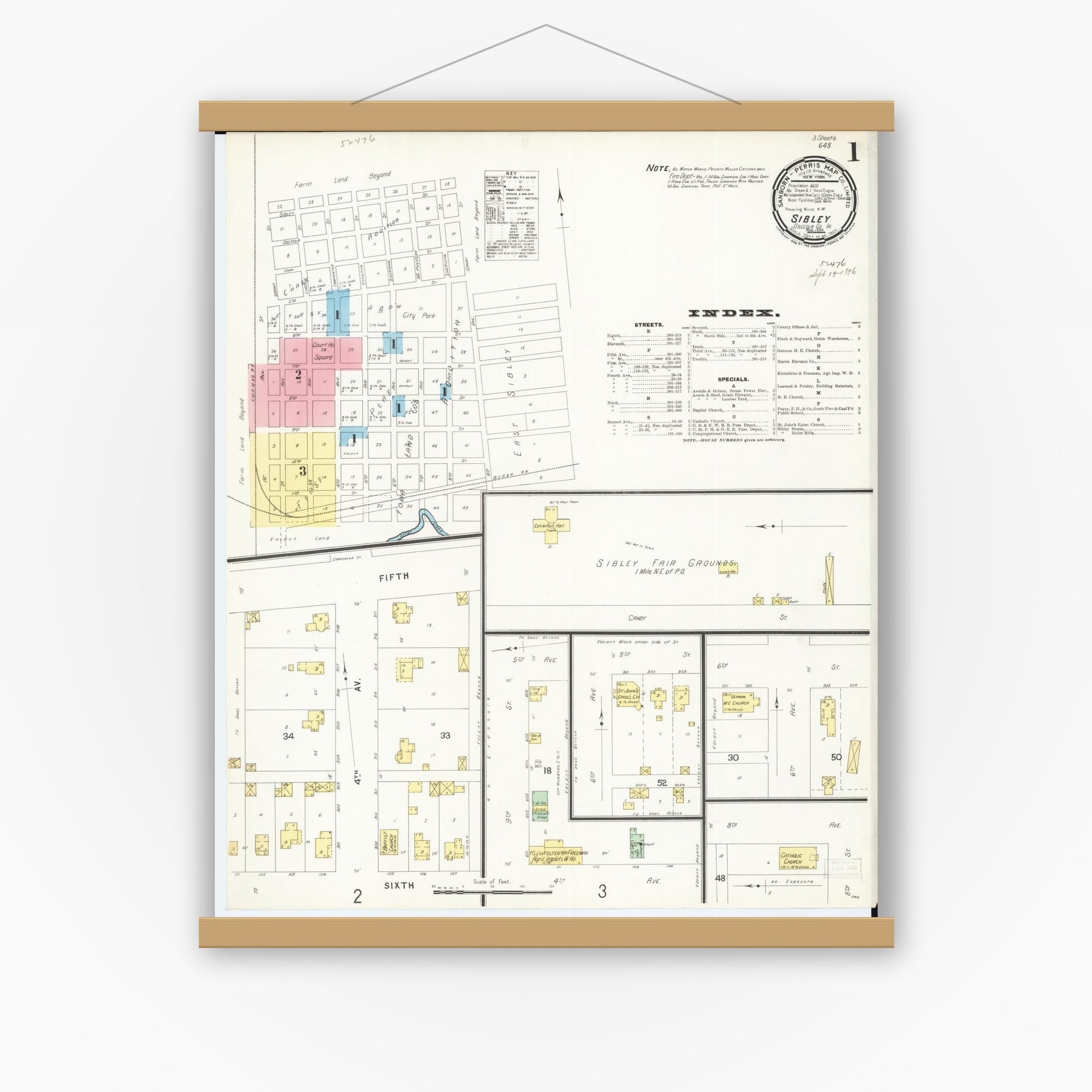 Old map wall art mockup — magnetic wood frame on white wall — Sanborn Fire Insurance Map from Sibley, Osceola County, Iowa (1896), Sheet #0001