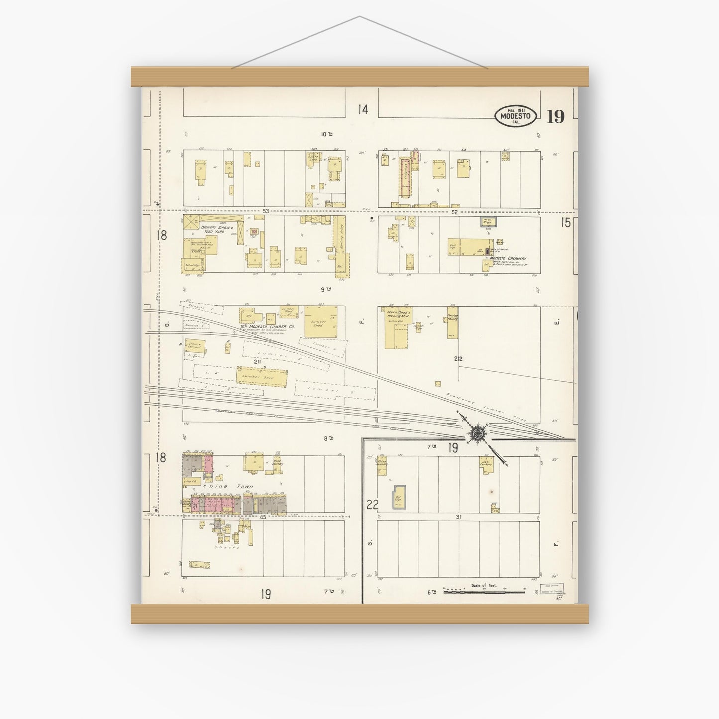 Old map wall art mockup — magnetic wood frame on white wall — Sanborn Fire Insurance Map from Modesto, Stanislaus County, California (1911), Sheet #0019