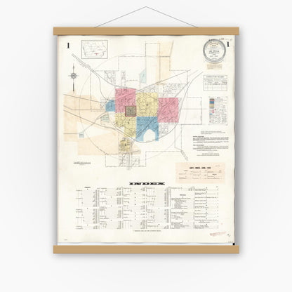 Old map wall art mockup — magnetic wood frame on white wall — Sanborn Fire Insurance Map from Albia, Monroe County, Iowa (1947) â€” Complete Set