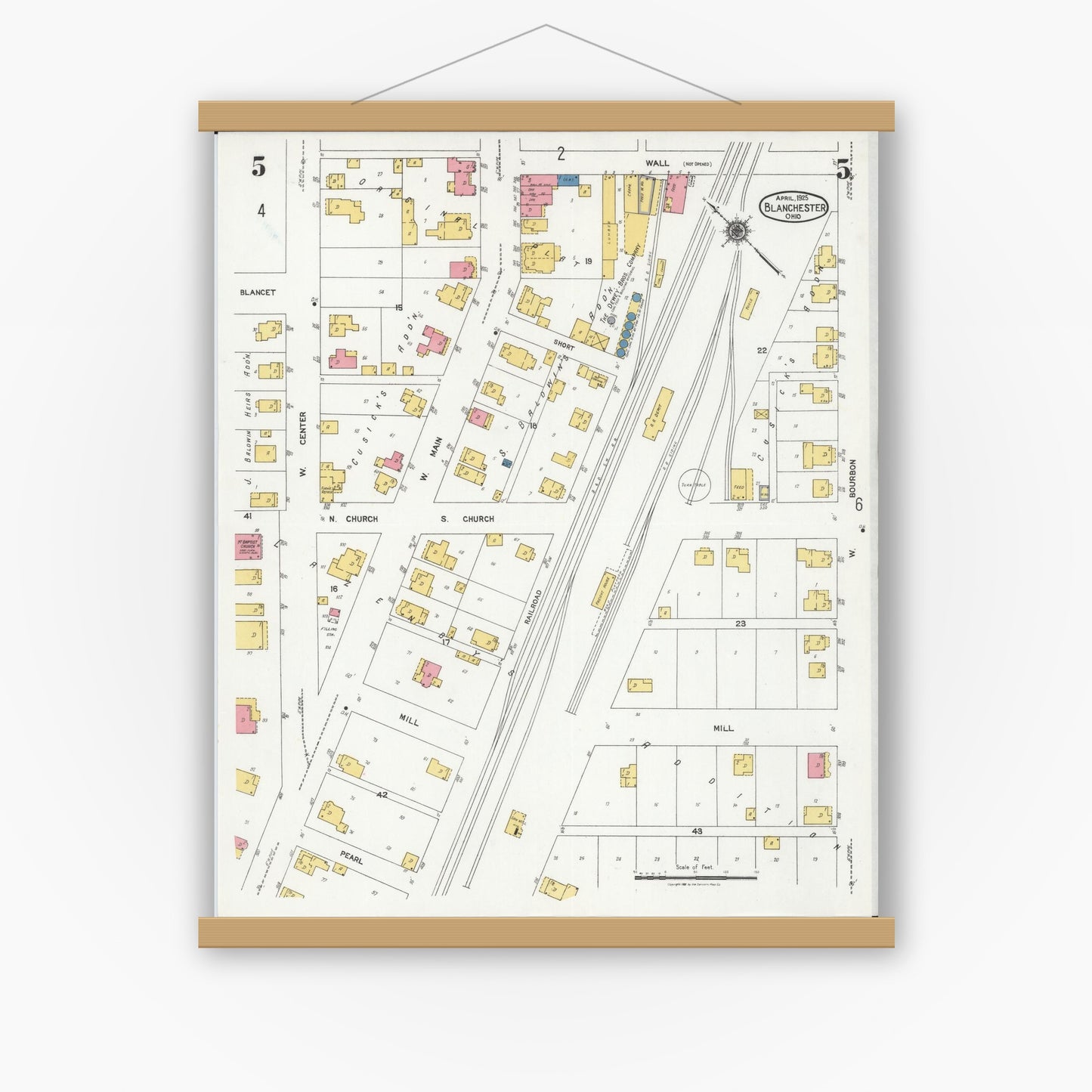 Old map wall art mockup — magnetic wood frame on white wall — Sanborn Fire Insurance Map from Blanchester, Clinton County, Ohio (1925), Sheet #0005