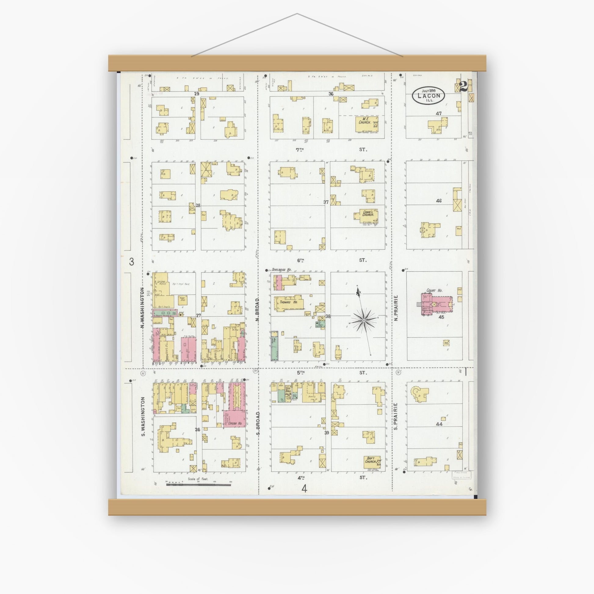 Old map wall art mockup — magnetic wood frame on white wall — Sanborn Fire Insurance Map from Lacon, Marshall County, Illinois (1899), Sheet #0002