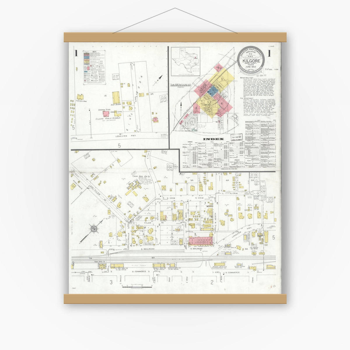 Old map wall art mockup — magnetic wood frame on white wall — Sanborn Fire Insurance Map from Kilgore, Gregg County, Texas (1932) - Complete Map Set