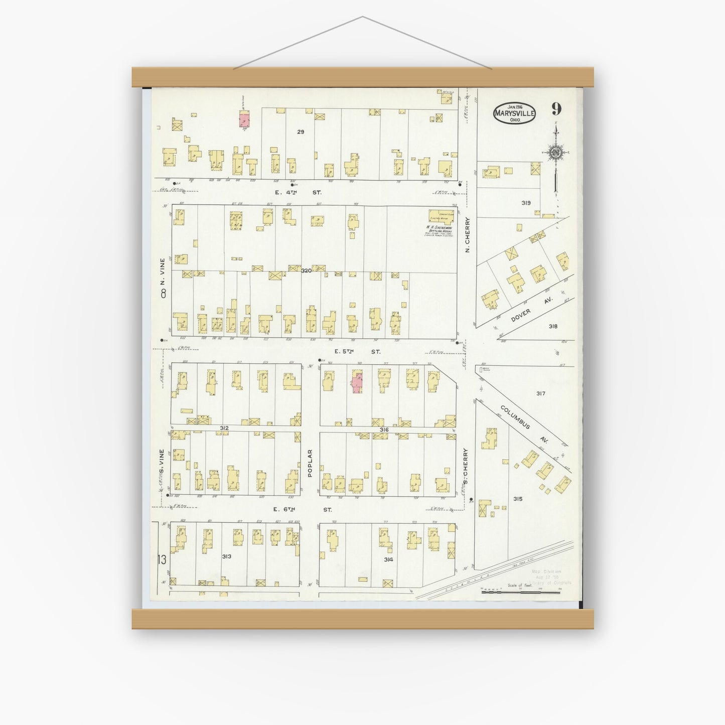 Old map wall art mockup — magnetic wood frame on white wall — Sanborn Fire Insurance Map from Marysville, Union County, Ohio (1916), Sheet #0009