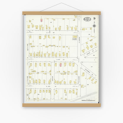 Old map wall art mockup — magnetic wood frame on white wall — Sanborn Fire Insurance Map from Marysville, Union County, Ohio (1916), Sheet #0009