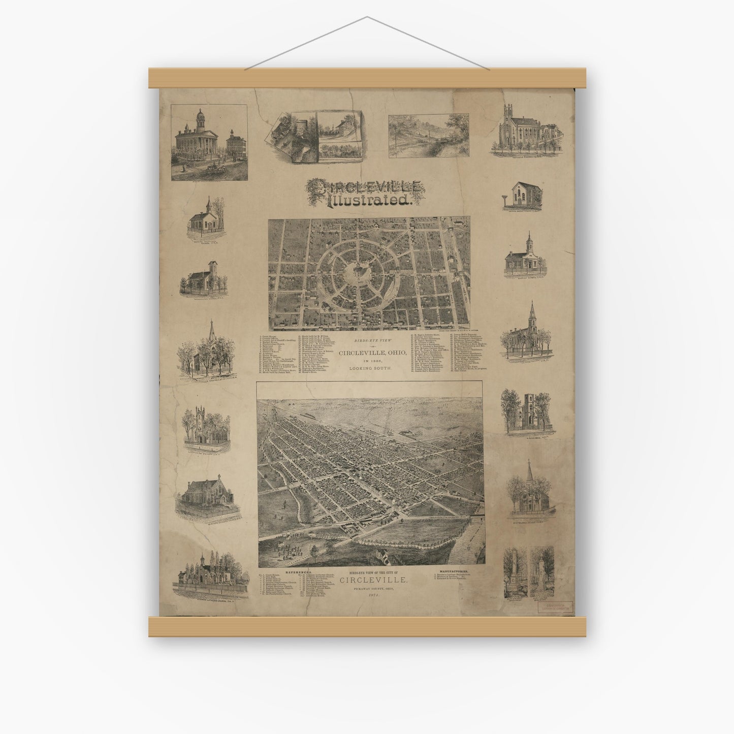 Old map wall art mockup — magnetic wood frame on white wall — Circleville illustrated (1878)