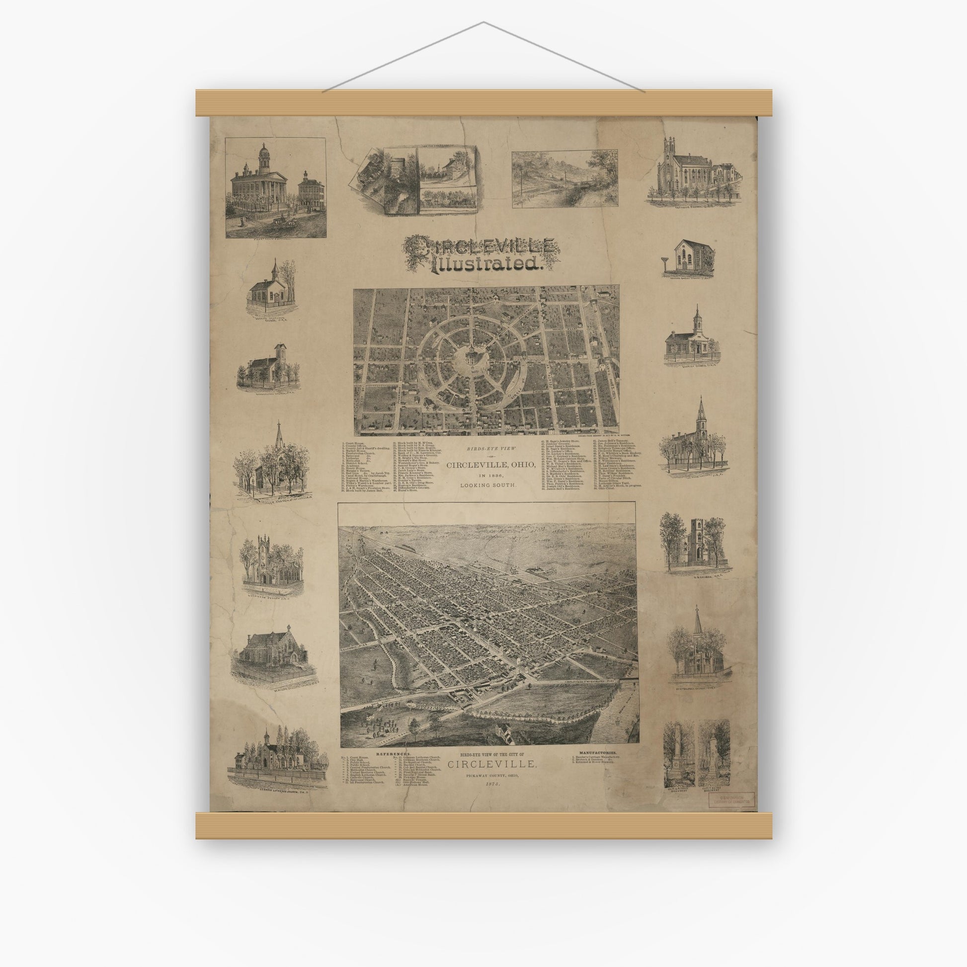 Old map wall art mockup — magnetic wood frame on white wall — Circleville illustrated (1878)