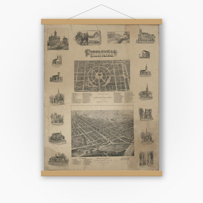 Old map wall art mockup — magnetic wood frame on white wall — Circleville illustrated (1878)