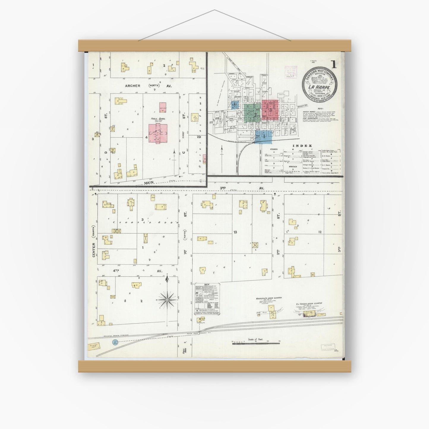 Old map wall art mockup — magnetic wood frame on white wall — Sanborn Fire Insurance Map from La Harpe, Hancock County, Illinois (1906), Sheet #0001