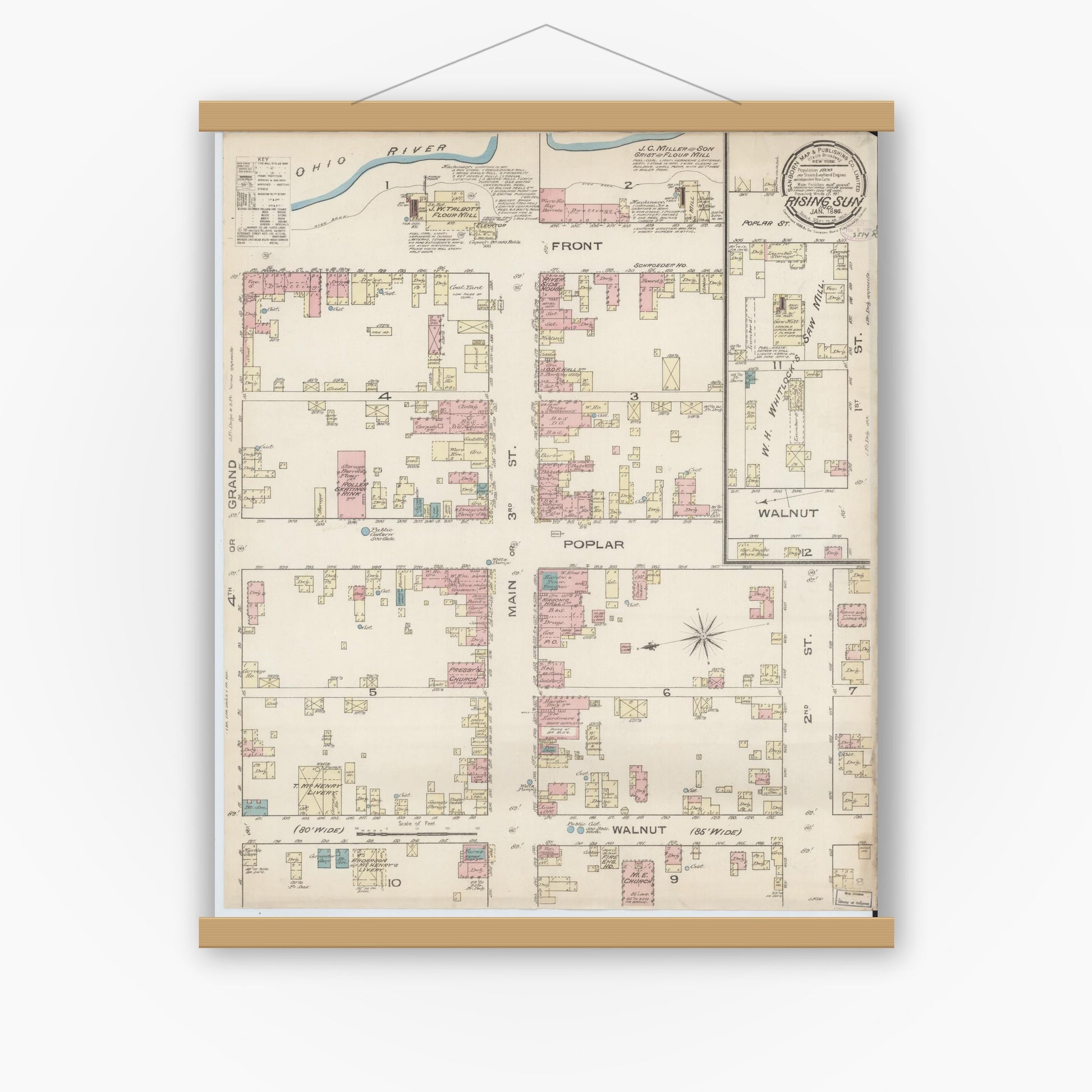 Old map wall art mockup — magnetic wood frame on white wall — Sanborn Fire Insurance Map from Rising Sun, Ohio County, Indiana (1886), Sheet #0001