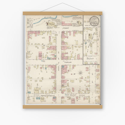 Old map wall art mockup — magnetic wood frame on white wall — Sanborn Fire Insurance Map from Rising Sun, Ohio County, Indiana (1886), Sheet #0001