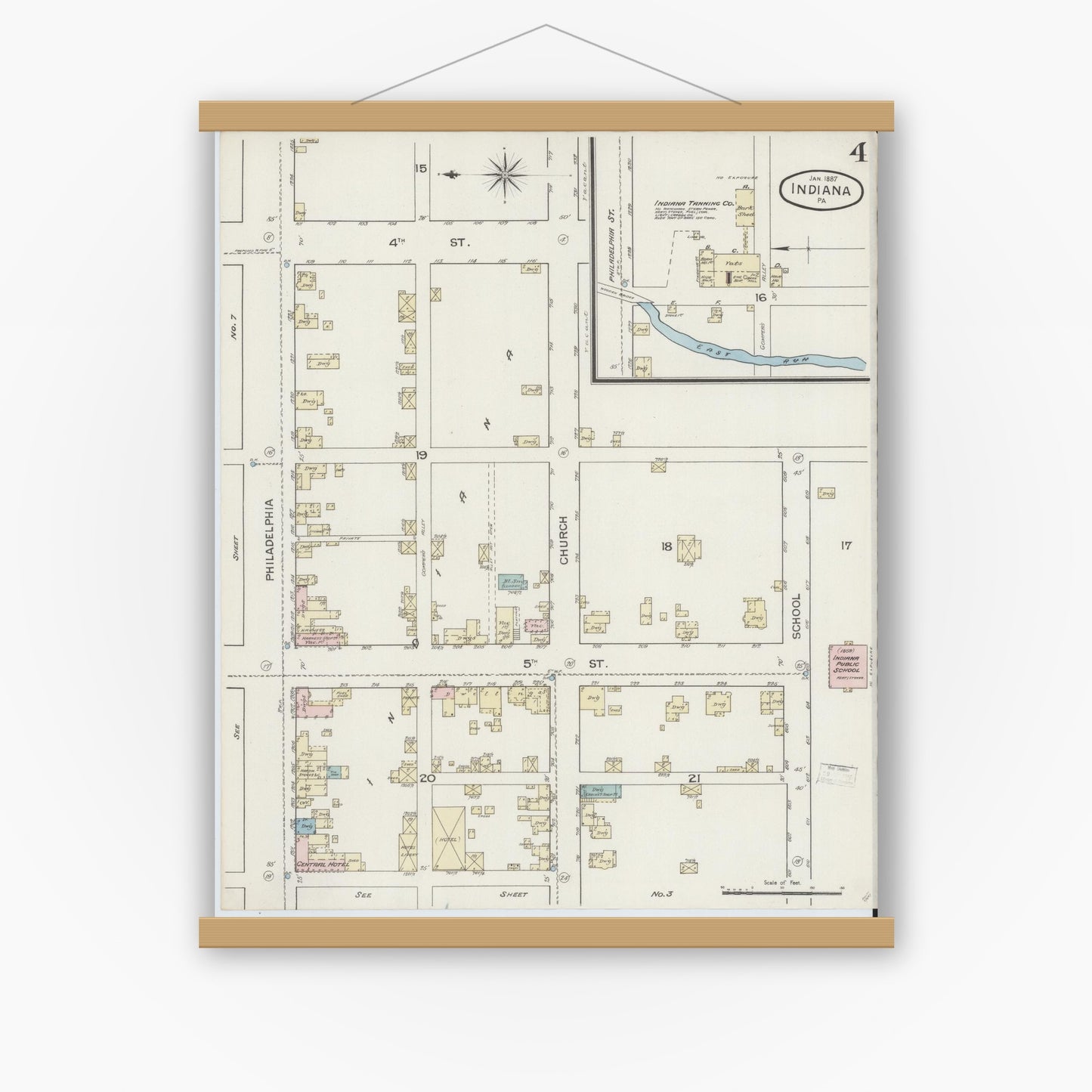 Old map wall art mockup — magnetic wood frame on white wall — Sanborn Fire Insurance Map from Indiana, Indiana County, Pennsylvania (1887), Sheet #0004